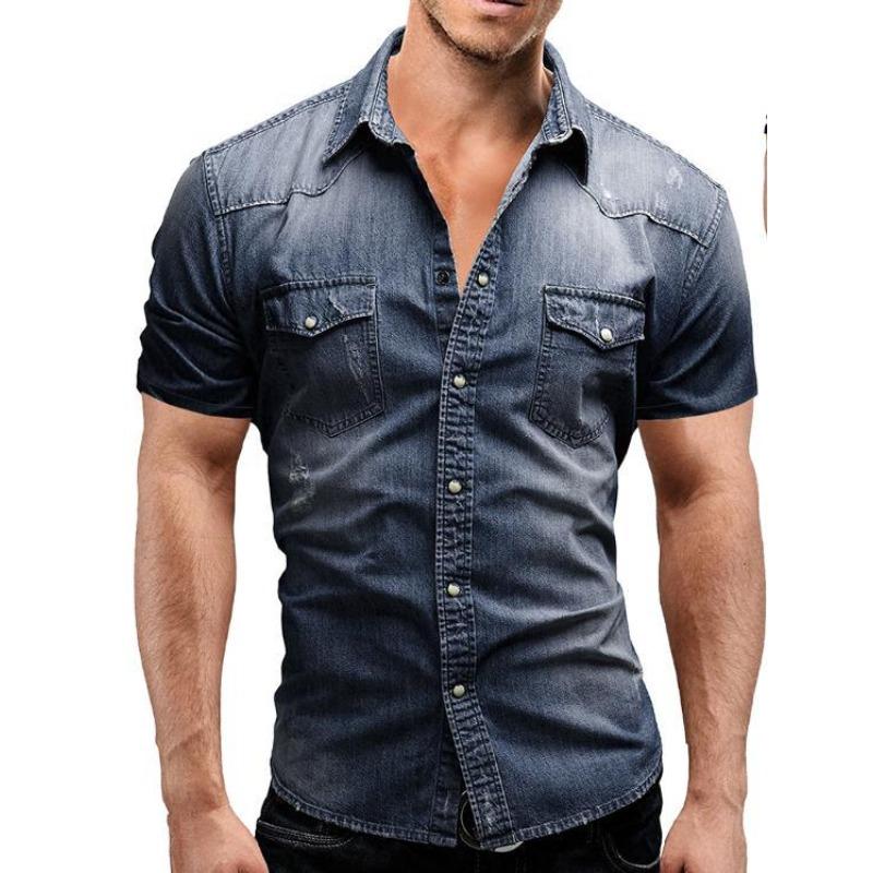 Летняя Повседневная Однотонная Мужская Джинсовая Рубашка с Коротким Рукавом Повседневная Рубашка M темно-синий