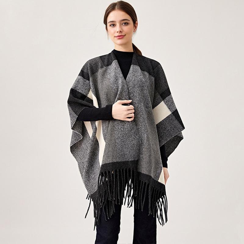 Women'S Travel Shawl Imitation Cashmere Tassel Slit Shawl Women'S Color Blocked Plaid Scarf Air-Conditioned Room Warm Cloak