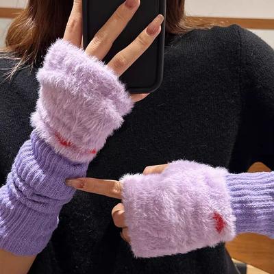 Women Winter Warm Half Finger Gloves Cute Exposed Fingers Arm Sleeves Knitted Pile Sleeves Fashion