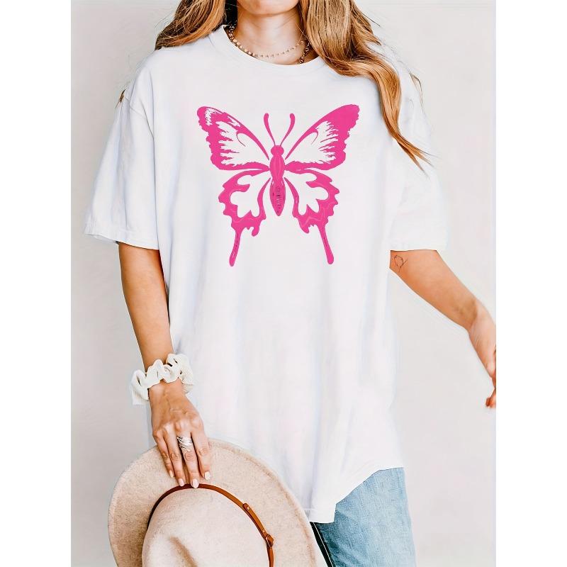 

Oversized Black Tee Vibrant Pink Butterfly Dripping Wing Print Women s Edgy Streetwear Summer Top S белый