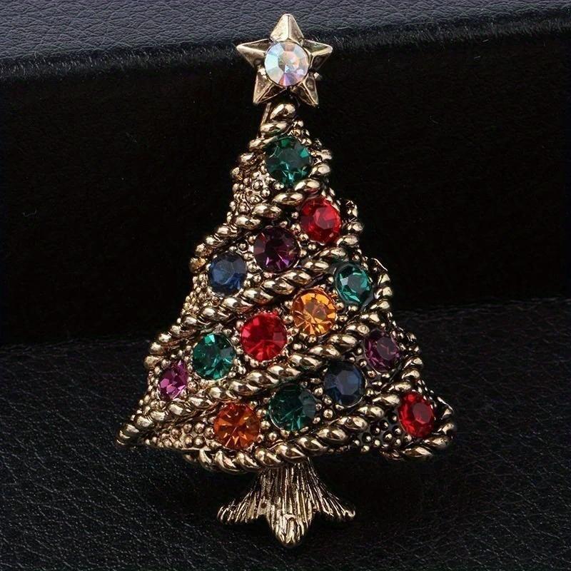 Christmas Tree Shape Sparkling Brooch Unisex Vintage Green Rhinestone Plants Party Casual Brooch Pin Gift Accessories for Women