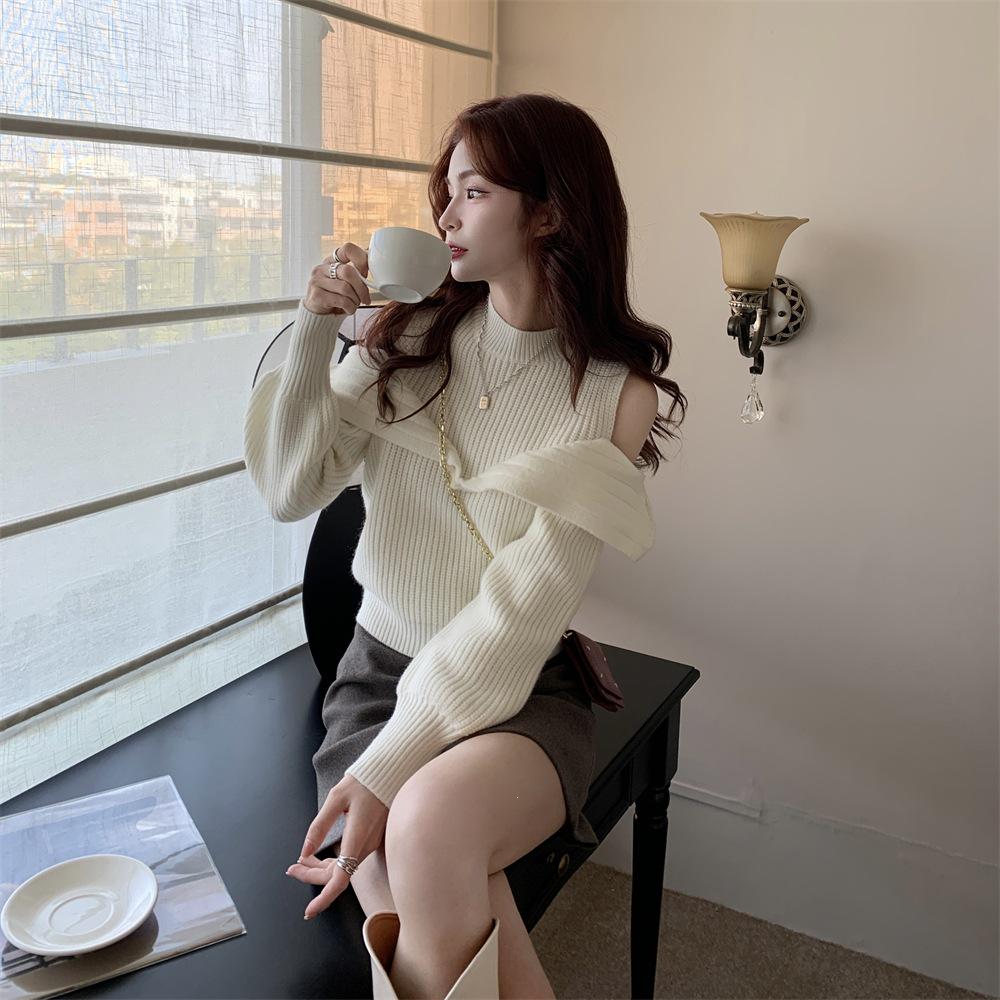 Korean Early Autumn Off-the-Shoulder Sweet & Spicy Knit Top - Women's Elegant Lazy Style Knitwear