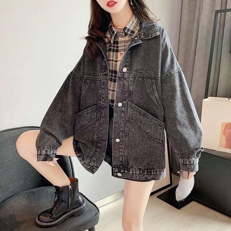Smoky gray denim jacket women's loose plus size women's jacket denim clothes top Long Sleeve Button Women Outerwear