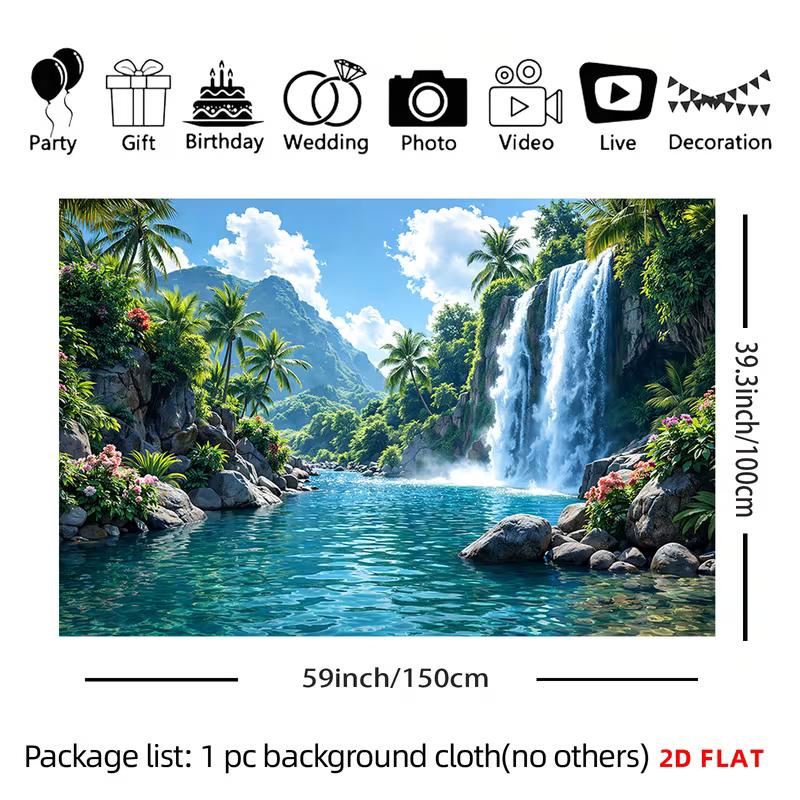 2D Summer Jungle Waterfall Banner, Tropical Lake Palm Tree Party Photo Booth Background
