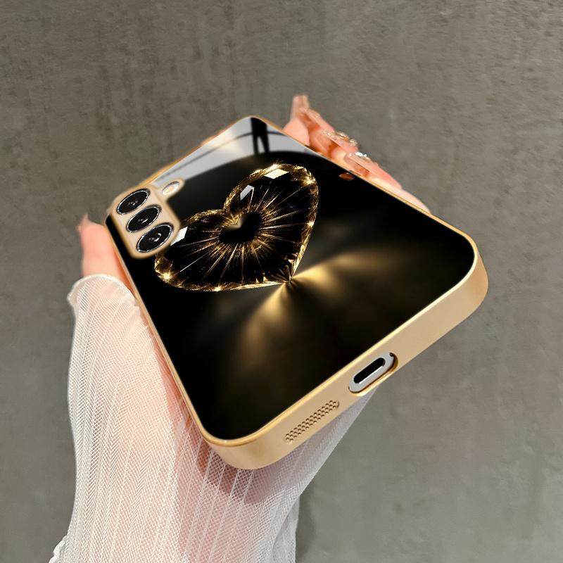 Black and Golden Heart Pattern Glass Phone Case for Galaxy Ultra S24 S24 FE S24 Ultra S25 S25 Ultra S25 Plus S25 Edge
