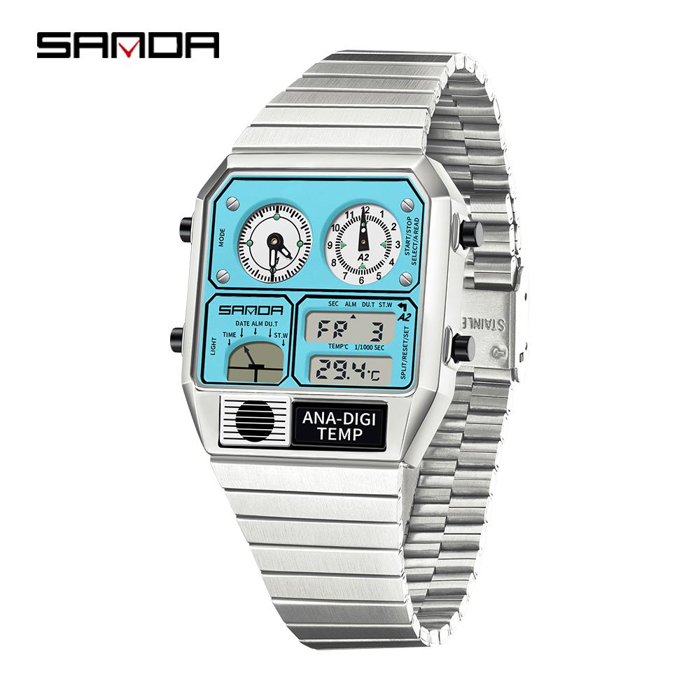 SANDA Electronic Watch Men Square Steel Band Digital Wristwatch Temperature Measurement Stopwatch Timing Multifunctional Watch