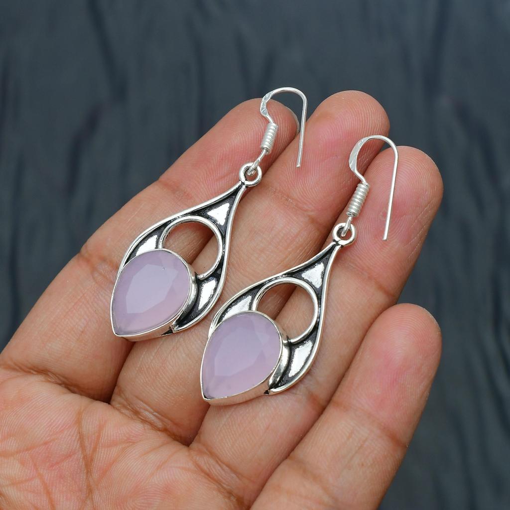 Rose Chalcedony Gemstone Handmade 925 Sterling Silver Jewelry Earring