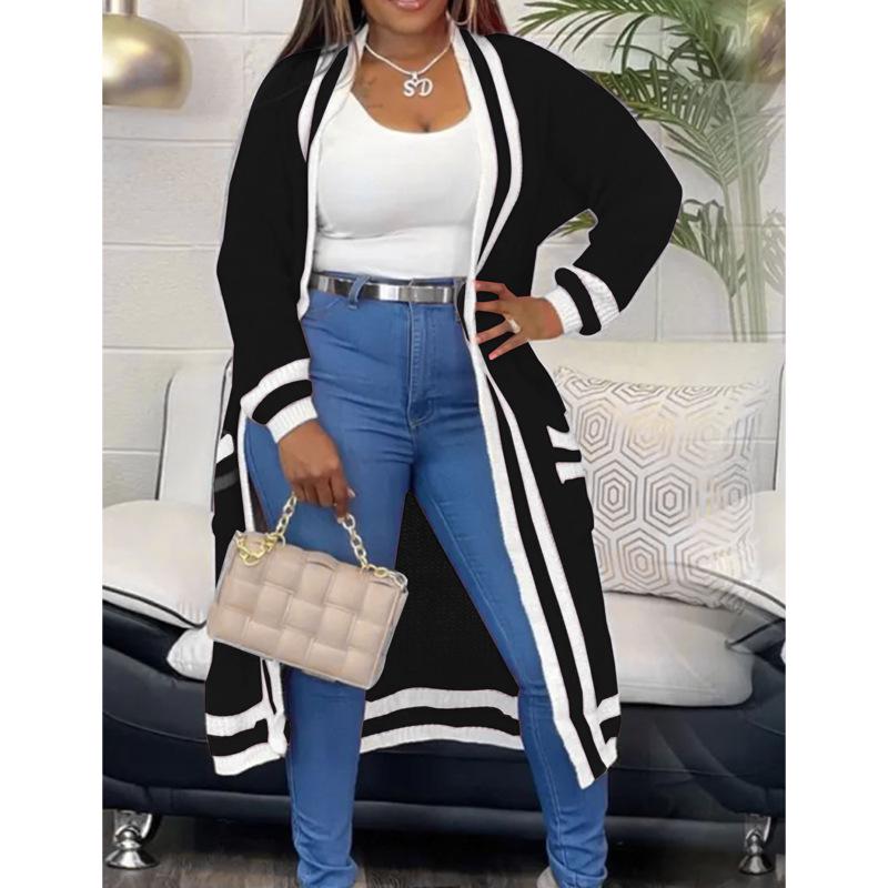 Plus Size Color Block Stripe Knit Cardigan - Women's Spring/Autumn Fashion 2025