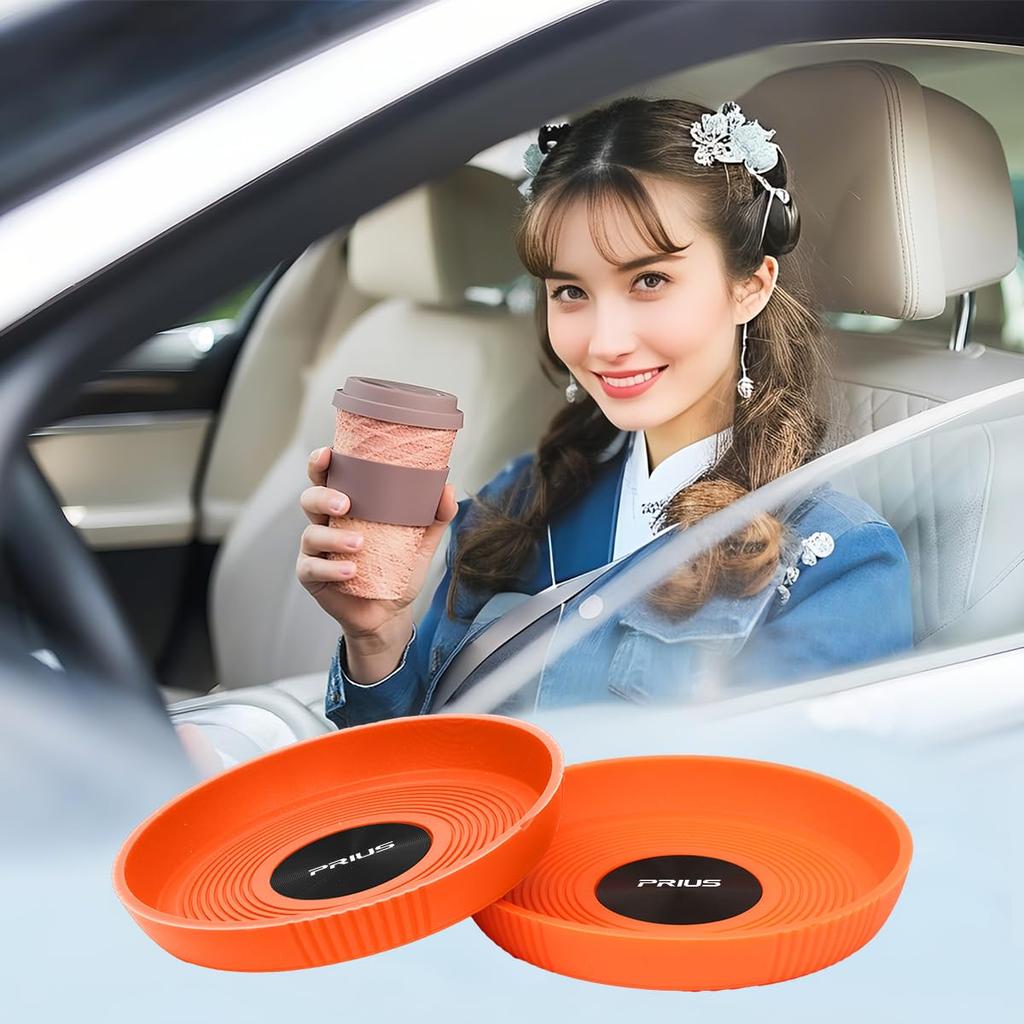 Car 3D Round Cup Mats for Car Drink Compatible with the New Prius and 30 Stylish Silicone and Premium Metal Car Logo and Convenient Car Set of 2