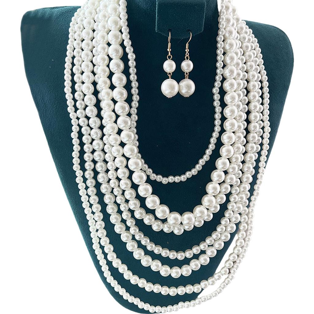 Elegantes Damen-Mehrstrang-Perlen-Halsketten- und Ohrring-Set mit Kunstperlen, stilvolles Schmuckset für klassischen Glamour