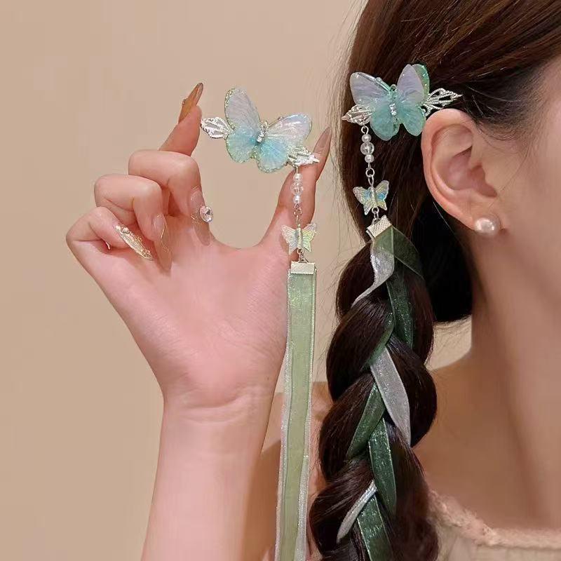 Fermaglio per Capelli con Nappa e Fiocco in Perline e Nastro Francese per Bambine – Doppia Pinza Intrecciata Stile Balletto