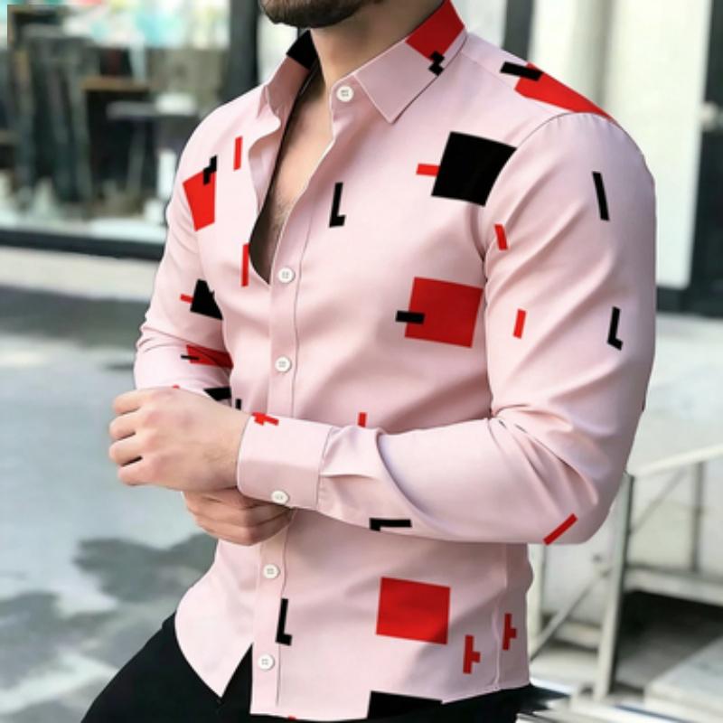 Men's Short Sleeved Shirt, European and American Men's Geometric Square Long Sleeved Shirt, Lapel Contrasting Color Block Printe
