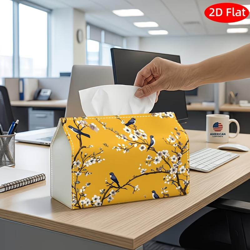 2D Flat, 1pc Tissue Box, Printed on Both Sides, Tissue Box Featuring a Yellow Floral Design with Birds And Plum Blossoms, Perfect for Decorative Stora