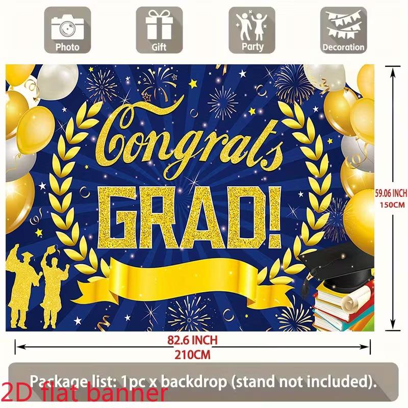 2D Blue Gold Congrats Grad Backdrop, Graduation Party Banner