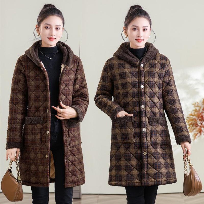 Women's Winter Hooded Plaid Cotton Jacket: Thick, Warm, Mid-Length Coat with Plus Velvet Lining