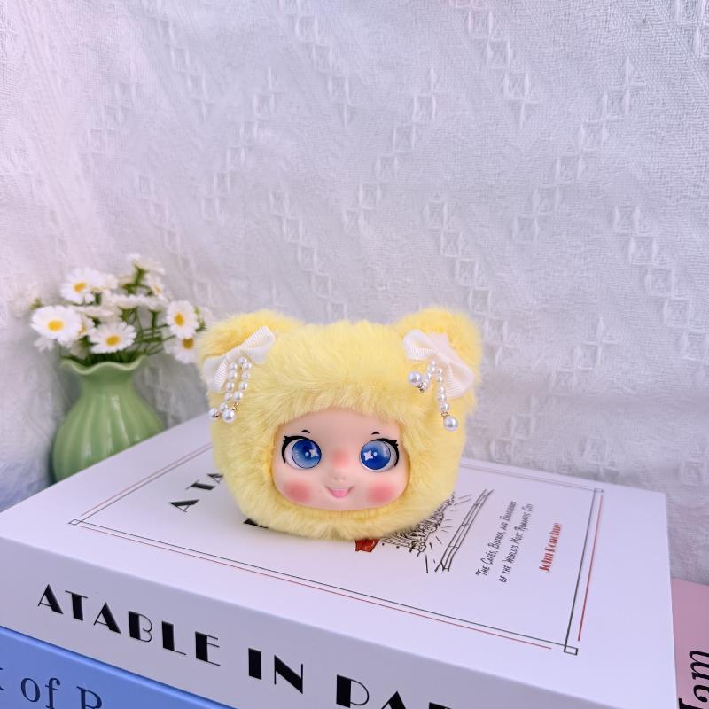 Cute Fluffy Plush Doll Pendant with Elegant Pearl Bow Cartoon Face Soft Ornament for Backpack Holiday Gift