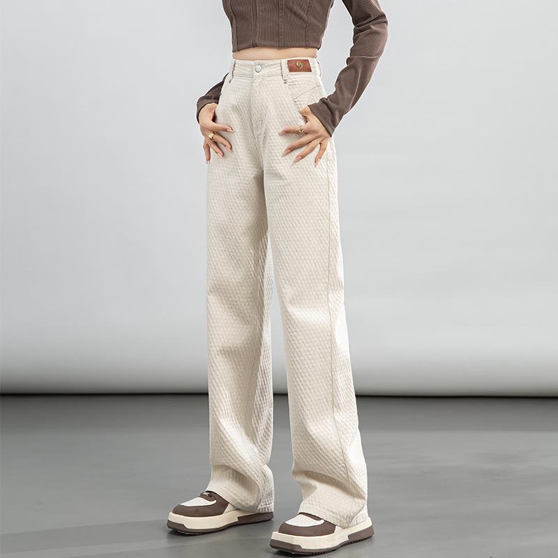 

Autumn 2025 Women s High Waist Jacquard Denim Jeans with Leather Patch - Wide Leg 30 грязно-белый