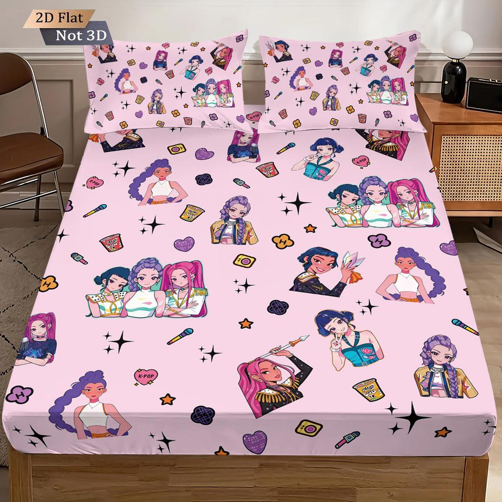 3-teiliges K-Pop Dämonenjäger Druck Spannbettlaken-Set Mehrere Größen Schlafzimmer Wohnheim Bettdecke Dekoration Maschinenwaschbar