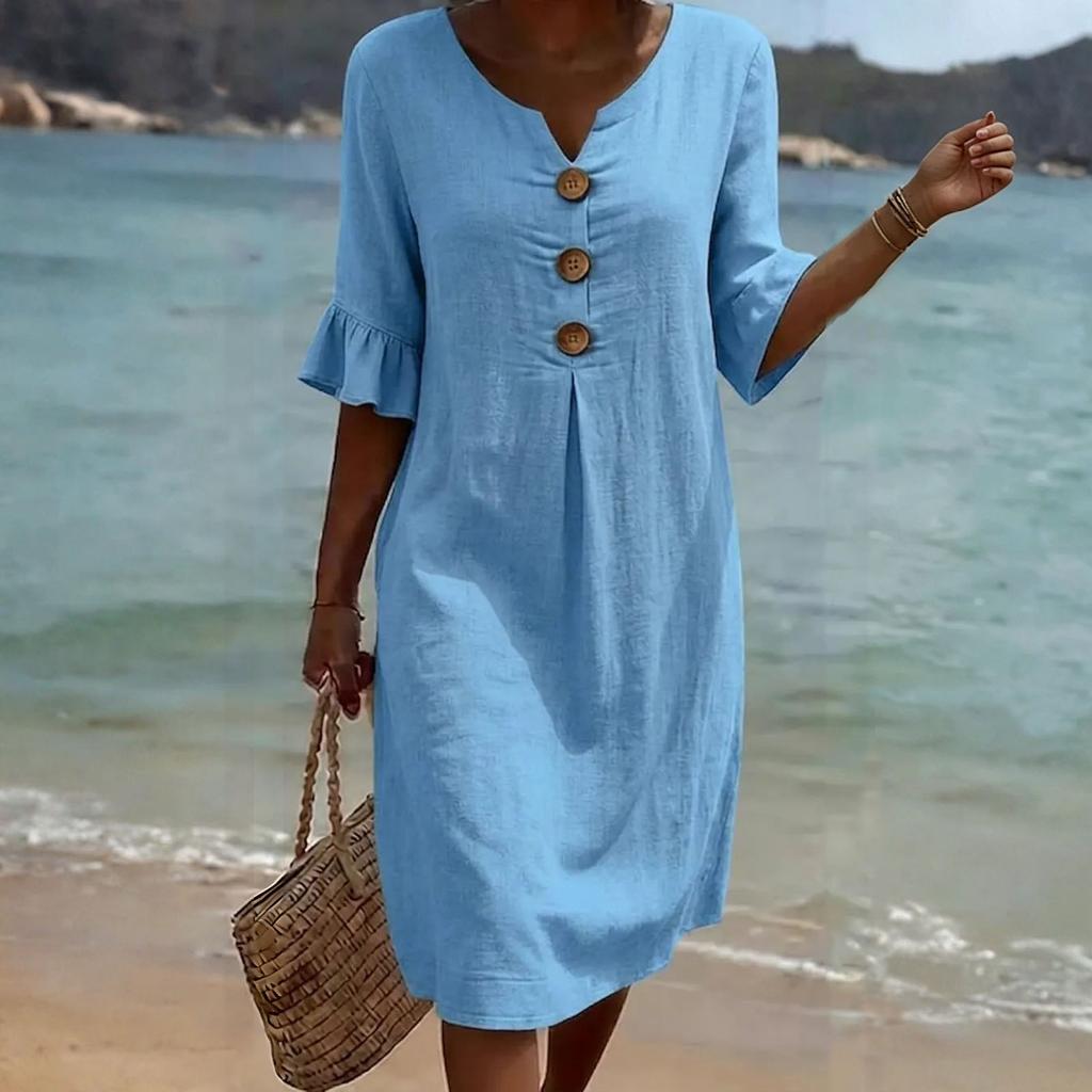 Women's Fashion Summer -Color Casual Cotton-Linen Dress