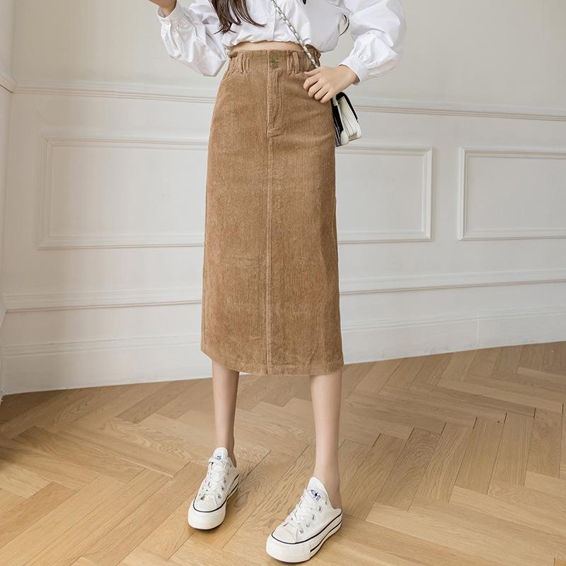 Autumn and Winter Women's Skirts Corduroy Half-body Skirt High-waisted Split Mid-length Skirt Versatile A-line Skirt Thin One-step Skirt
