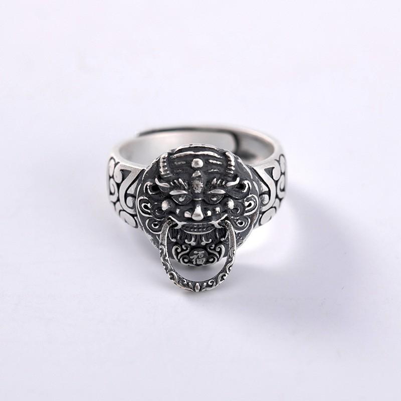 Adjustable Ring With Mythical Qilin Lion Head Design Copper Silver-Plated Retro Mens Jewelry Fantasy Lovers
