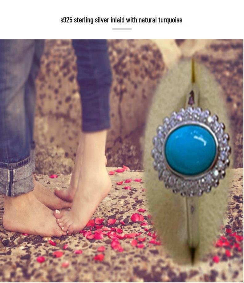 Pierścionek ze srebra S925 z naturalnym kaboszonem turkusu Hubei - Elegancki design w stylu light luxury