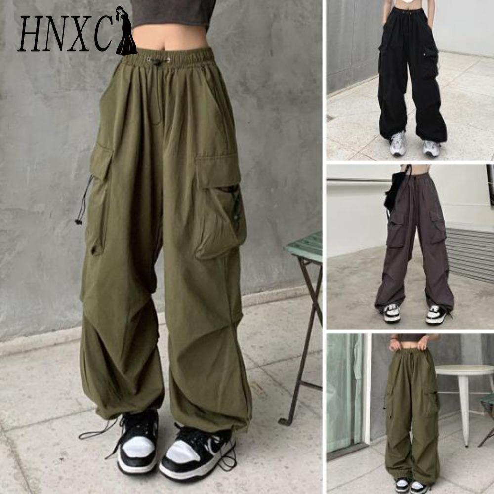 

HNXC Women Hip Hop Cargo Pants Baggy Solid Color Elastic Waist Trousers Loose Breathable Female Pants S чёрный