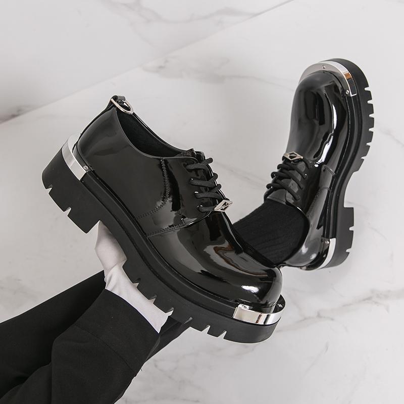 Fashion Men Harajuku Korean Man Leather Shoes Streetwear Fashion Casual Thick Platform Height Increase Metal Leather Wedding Men Loafers