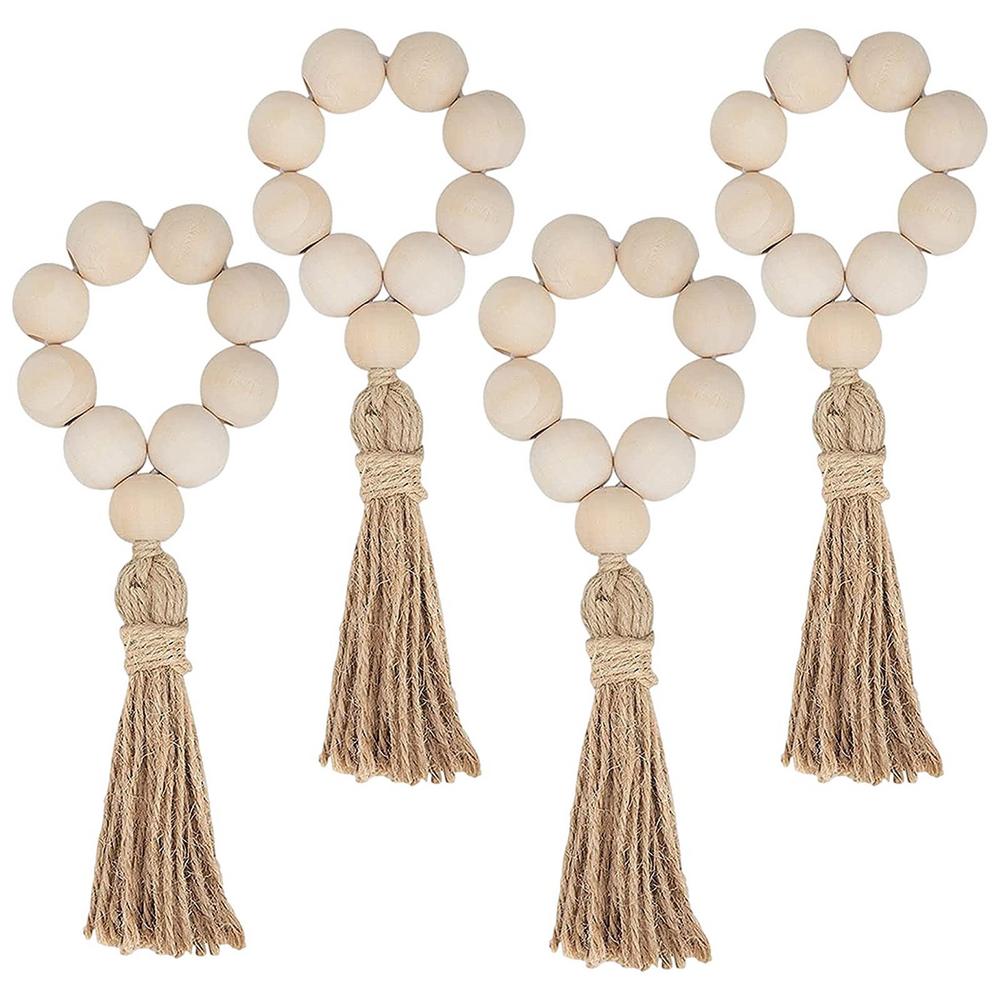 

4/6PCS Napkin Rings Wood Bead Garland With Tassels Farmhouse Beads Rustic Country Table Napkin Holder Weddings Home Boho Decor
