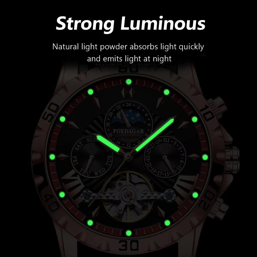 POEDAGAR Tourbillon Automatic Mechanical Wristwatch Waterproof Luminous Date Week Leather Men Watch
