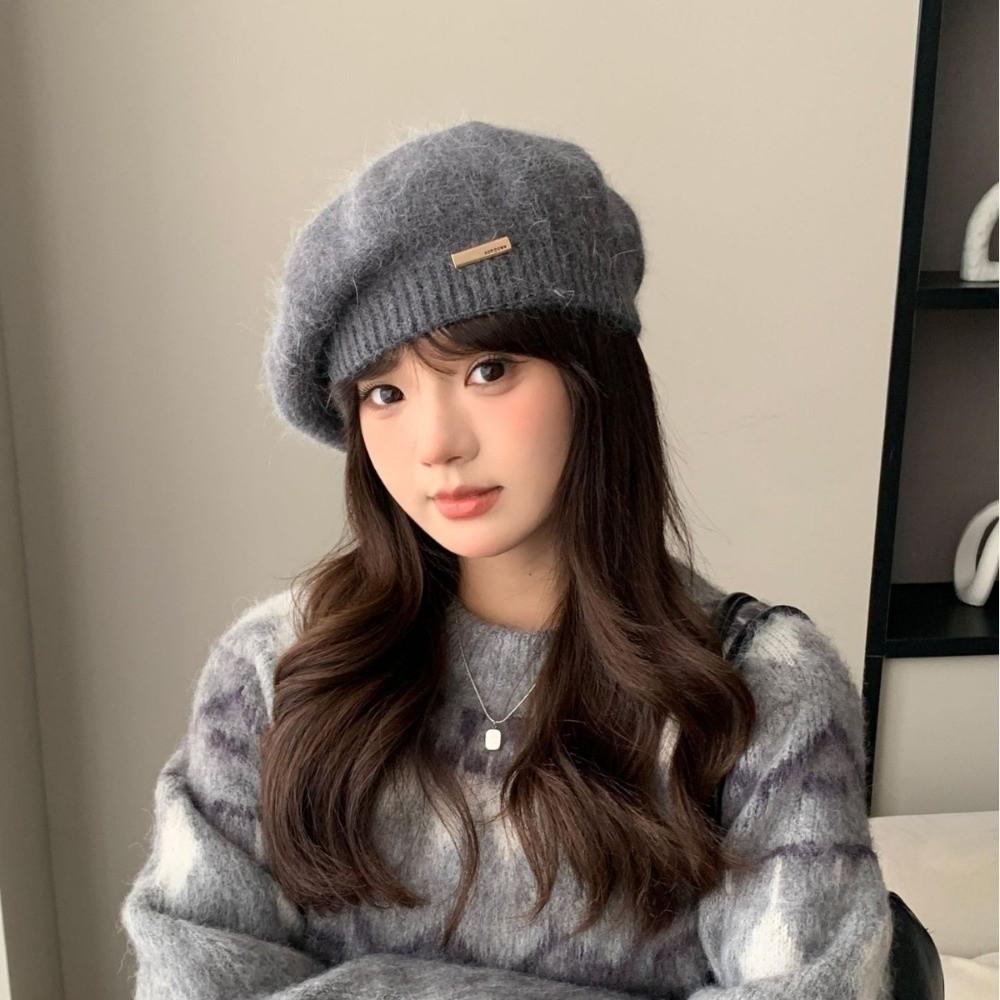 Metal Label Beret Hat Warm Woolen Beanie Cap Elegant Crochet Knitted Hat Women Girl