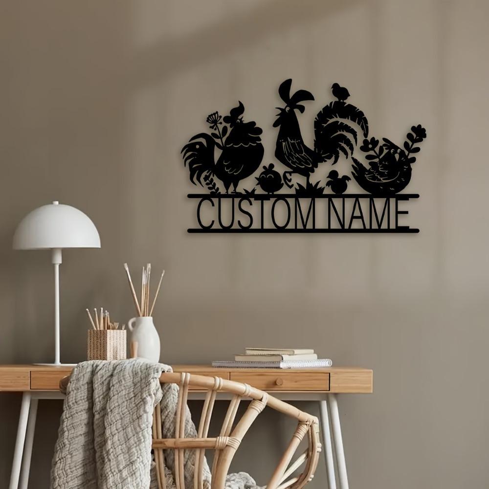 Customized Giant Rooster & Chicks Metal Wall Sculpture, Personalized Rustic Ornament for Patio, Yard, Gift, 1pc
