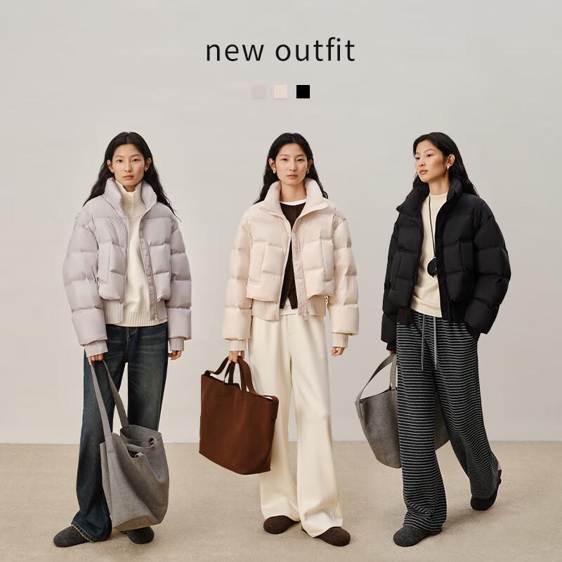 WHIteALLUSION Women s Puffy Knit-Spliced Stand Collar Down Jacket M