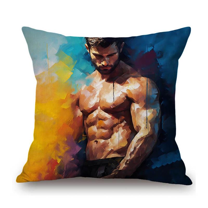 Handsome Sexy Muscle Hormone Body Man Hottest Guy Colored Oil Painting Decorative Sofa Throw Pillow Case Linen Cushion Cover