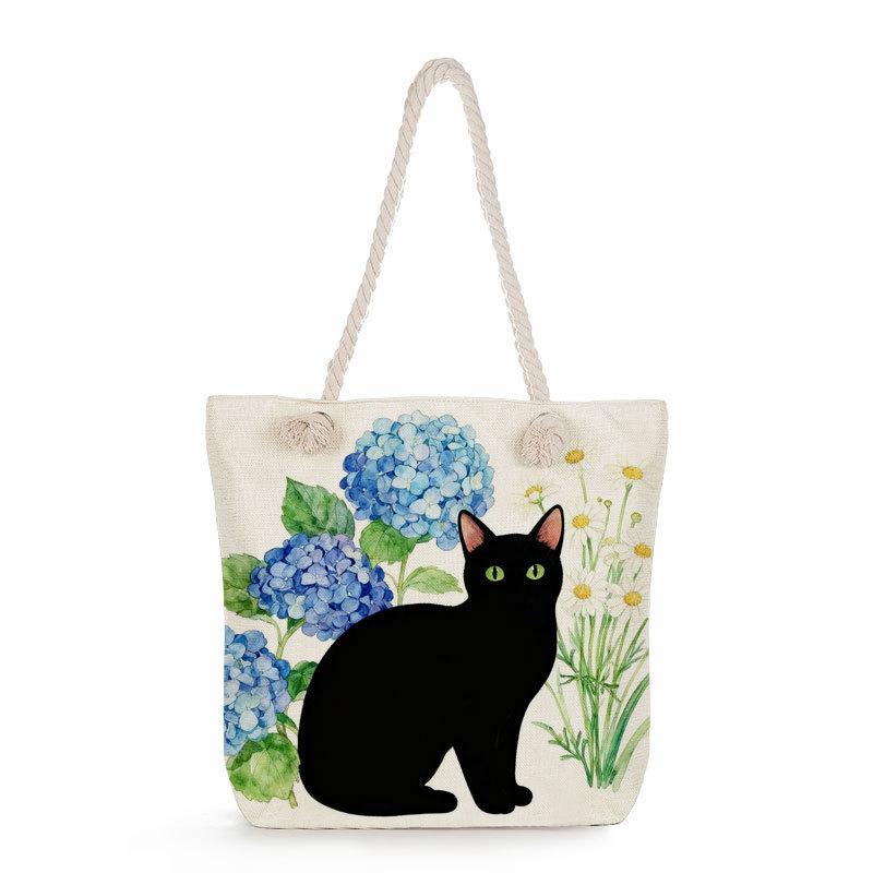 Multifunctional Black cat  Printed Thick Rope Shoulder Beach Bag 7579