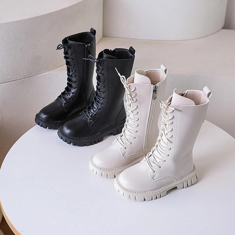 Toddlers Mid-calf Boots for Girls Spring Autumn Kids Causal Boots Classic Solid Color Children's Simple Leather Boots