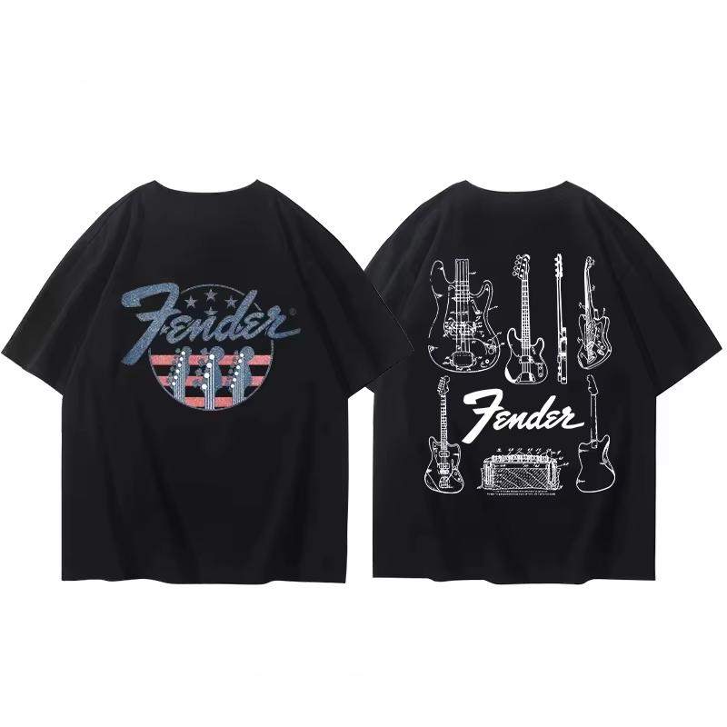 Summer Mens TShirt Fender Electric Guitar Band Short Sleeve Boys and Girls Summer Guitarist Clothing Around Printed TShirt