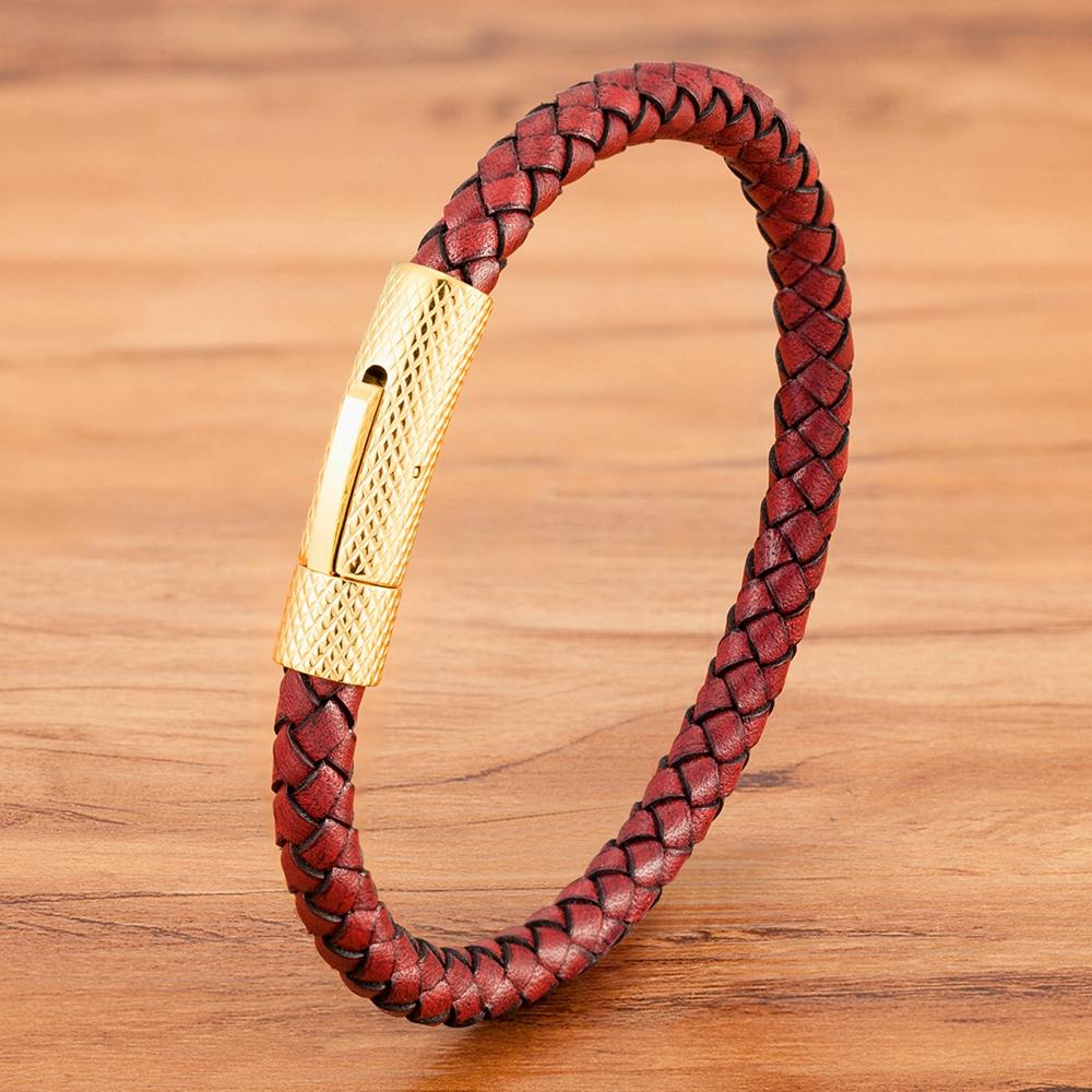 QIKU Fashion Mens Braided Leather Bracelet Black/Brown/Red Stainless Steel Retro Simple Bangle Jewelry Christmas Gift