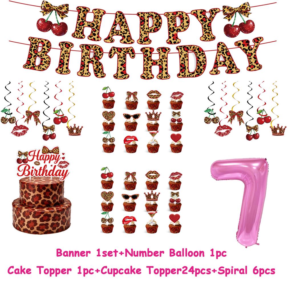 Pink Cherry Leopard Theme Birthday Party Decoration Plate Cup Balloon Banner Sexy Women Girls Shiny Photography Background Gifts