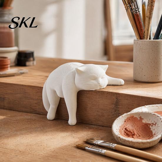 Creative Cat Statue for Tabletop 3D Printed Lazy Figurine, Sleeping Kitten Desk Decor, Cute Animal Modern Ornament Home Office, DIY Paintable