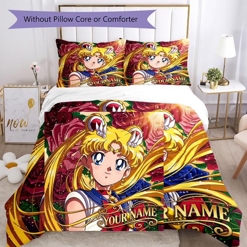 3pcs Custom Name Moon Princess Printed Bedding Set Duvet Cover Closure Includes 1 Duvet Cover & 2 Pillowcases, Soft and Comfortable for All Seasons.