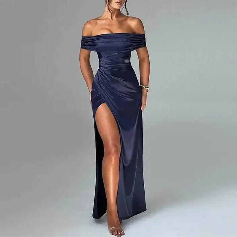 Elegant Solid Color Wrap Waist Fit-and-Flare Midi Maxi Dress With Side Slit High-Waisted Short Sleeve A-Line 2026