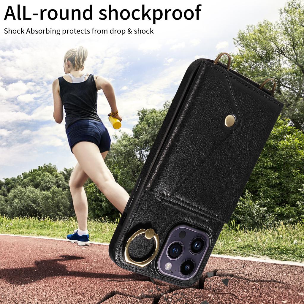 For iPhone 14 Series.for iPhone 14,14 Plus,14 Pro,14 Pro Max Shoulder Strap Rope Ring Bracket Design Card Holder Slots Lichee Pattern Cover Phone Case
