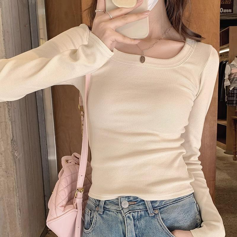 

Абрикосовая футболка с квадратным вырезом, длинными рукавами и многослойным низом для женщин, осенне-зимний новый стиль, облегающая талию, утягивающая, внутренняя футболка, топ с добавлением бархата S