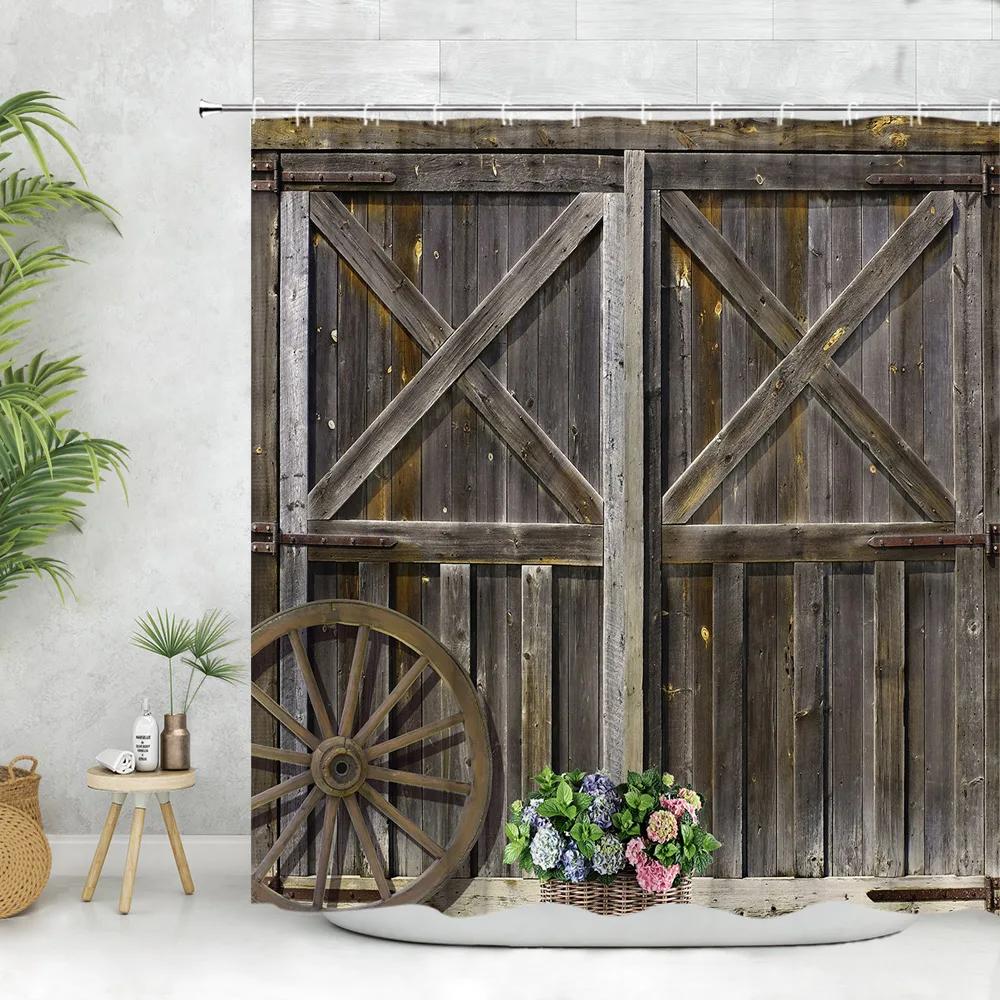 Vintage Wooden Door Shower Curtain, Farm Barn Door Wheel Horseshoe Pentagram Rustic Plank Home Bathroom Decoration Curtain Set