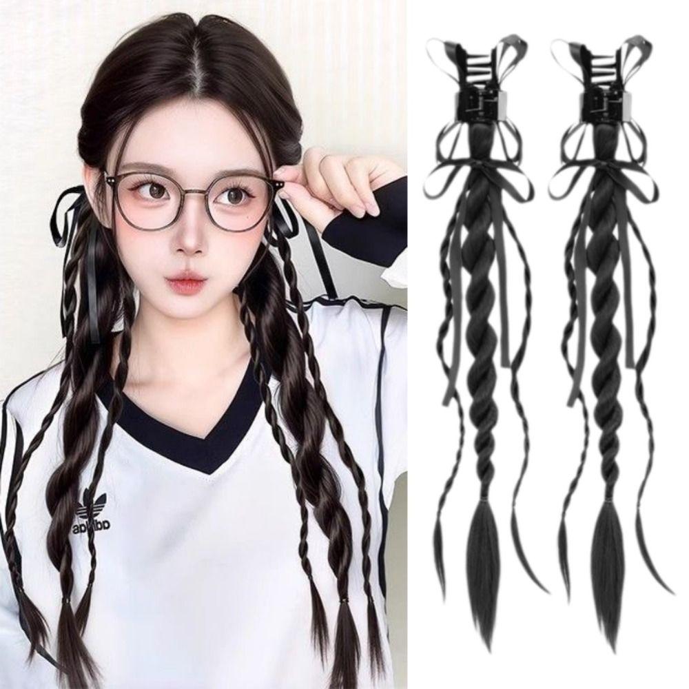 1Pair Ribbon Claw Clip Double Ponytail Twisted Braid Long Braiding Hair Extensions Party