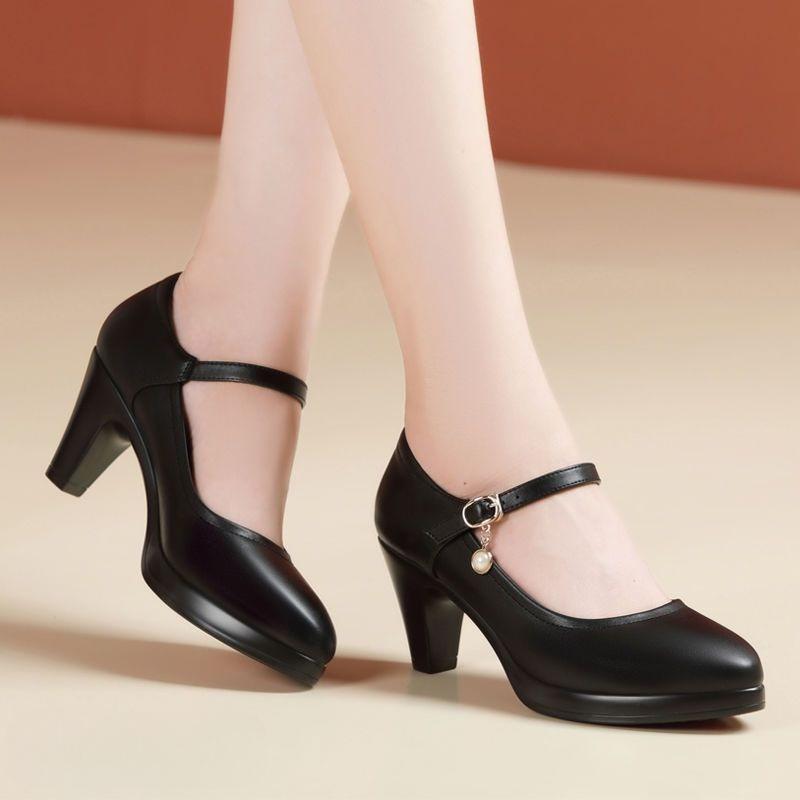 Women's High Heels with A Single Buckle, Comfortable for Cheongsams, Chunky Heeled Leather Shoes for Fashion Shows, Autumn Single Shoes