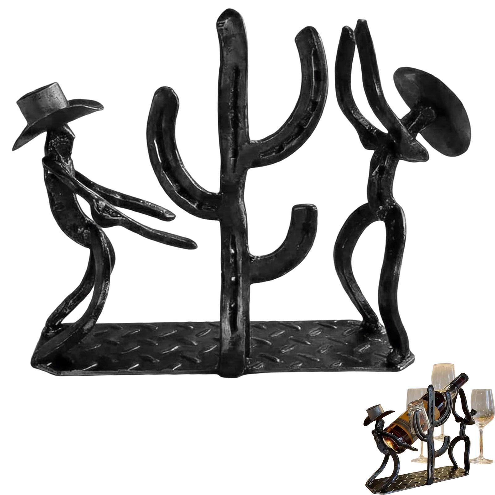 Western Cowboy & Cactus Wine Bottle Holder Metal Wine Rack Sculpture With Cowboy Hat Figures Rustic Wine Glass Mounted Rack (as the picture,One Size)