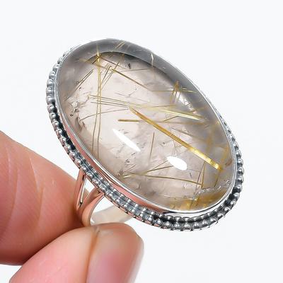 Natural Golden Rutile Gemstone Handmade 925 Solid Silver Jewelry Ring S.9.5 Q6a22