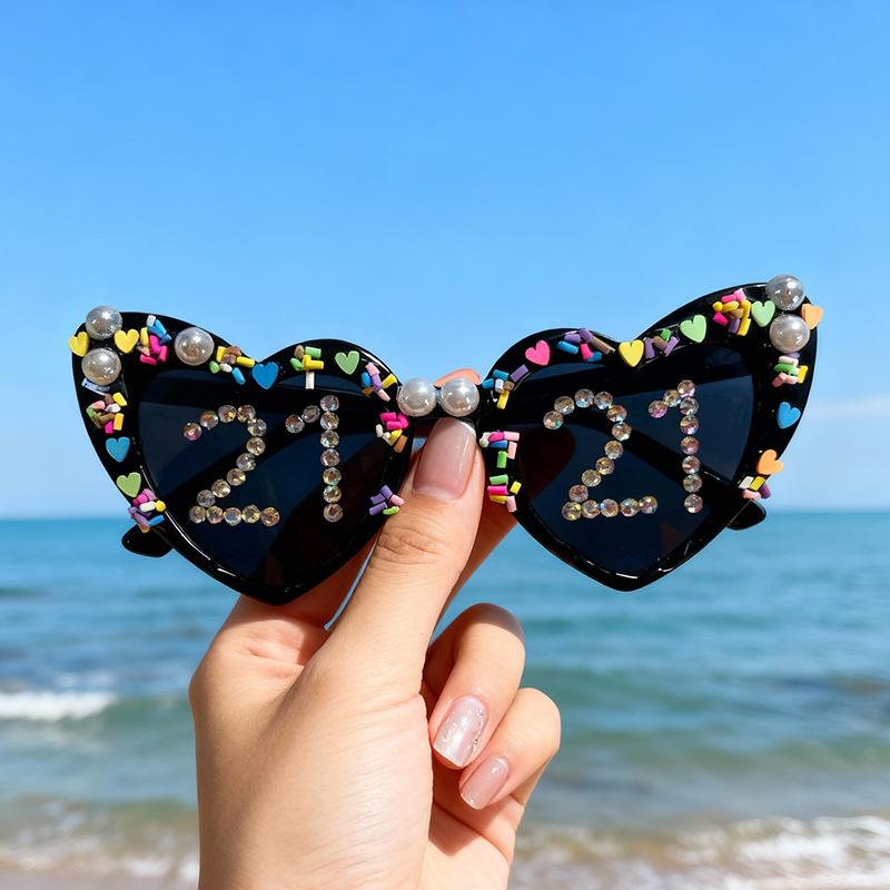 Birthday Party Glasses Fashionable Diamond-Encrusted Digital Pearl Love Men'S And Women'S Decorative Photo Sunglasses